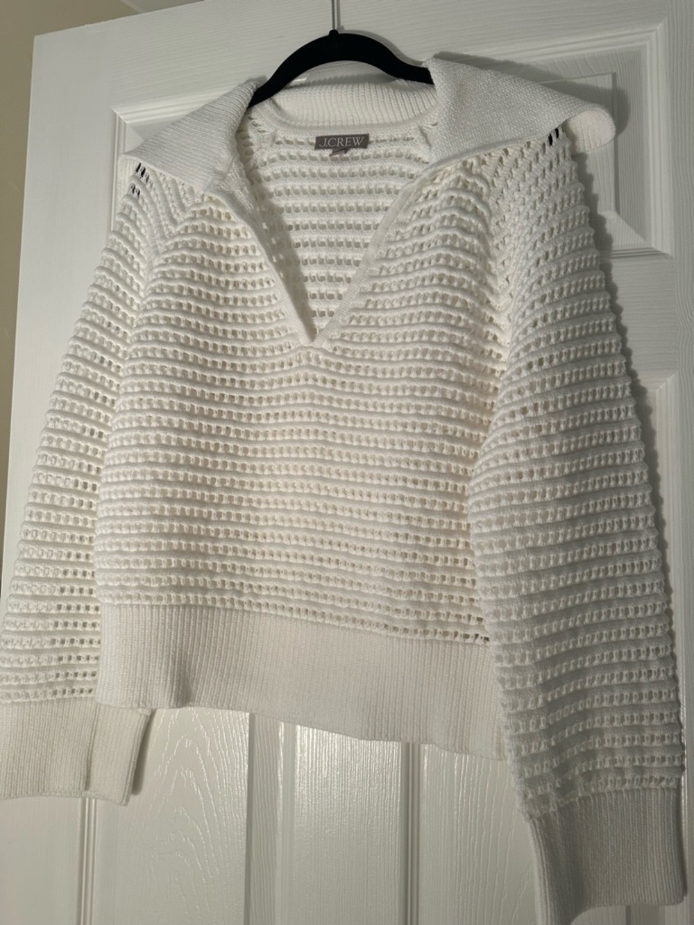 J. Crew White Open-Weave V-Neck Sailor  Collared Sweater.